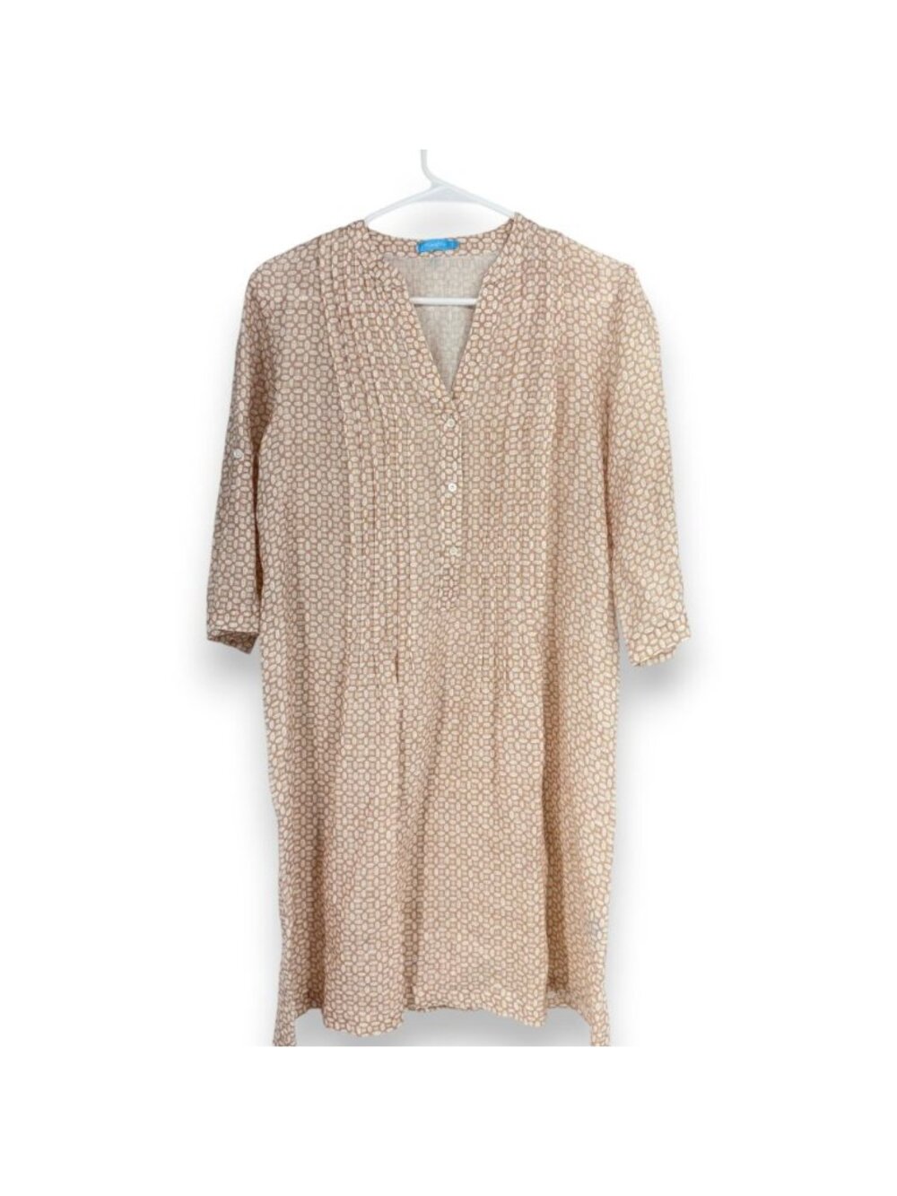 J McLauglin Women S Linen Dress Beige Printed 3/4 Sleeve Pleated Lightweight